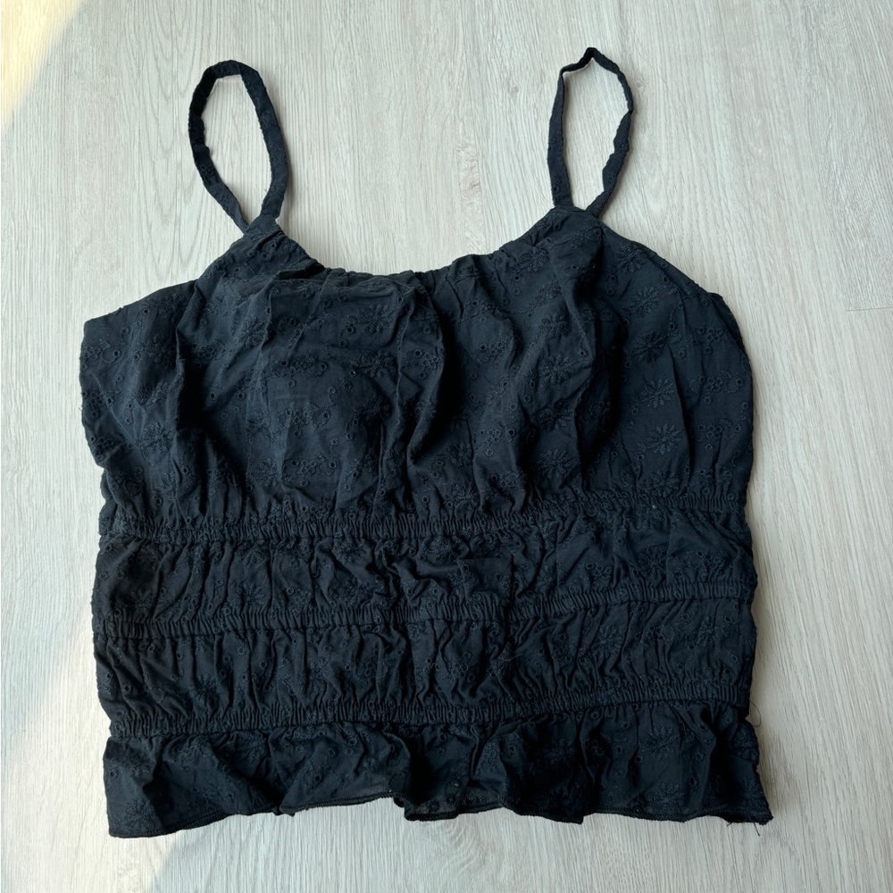 Black smocked eyelet pattern tank top